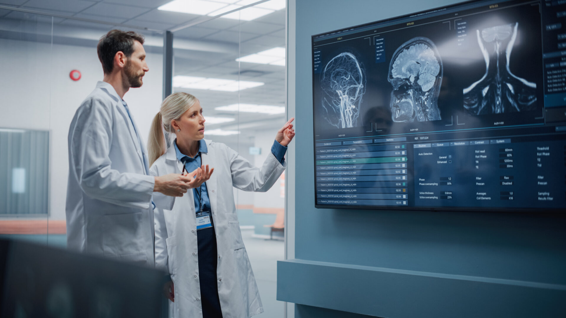 A group of focused doctors meticulously reviewing a surgery on a monitor, displaying their commitment to precision and collaboration.