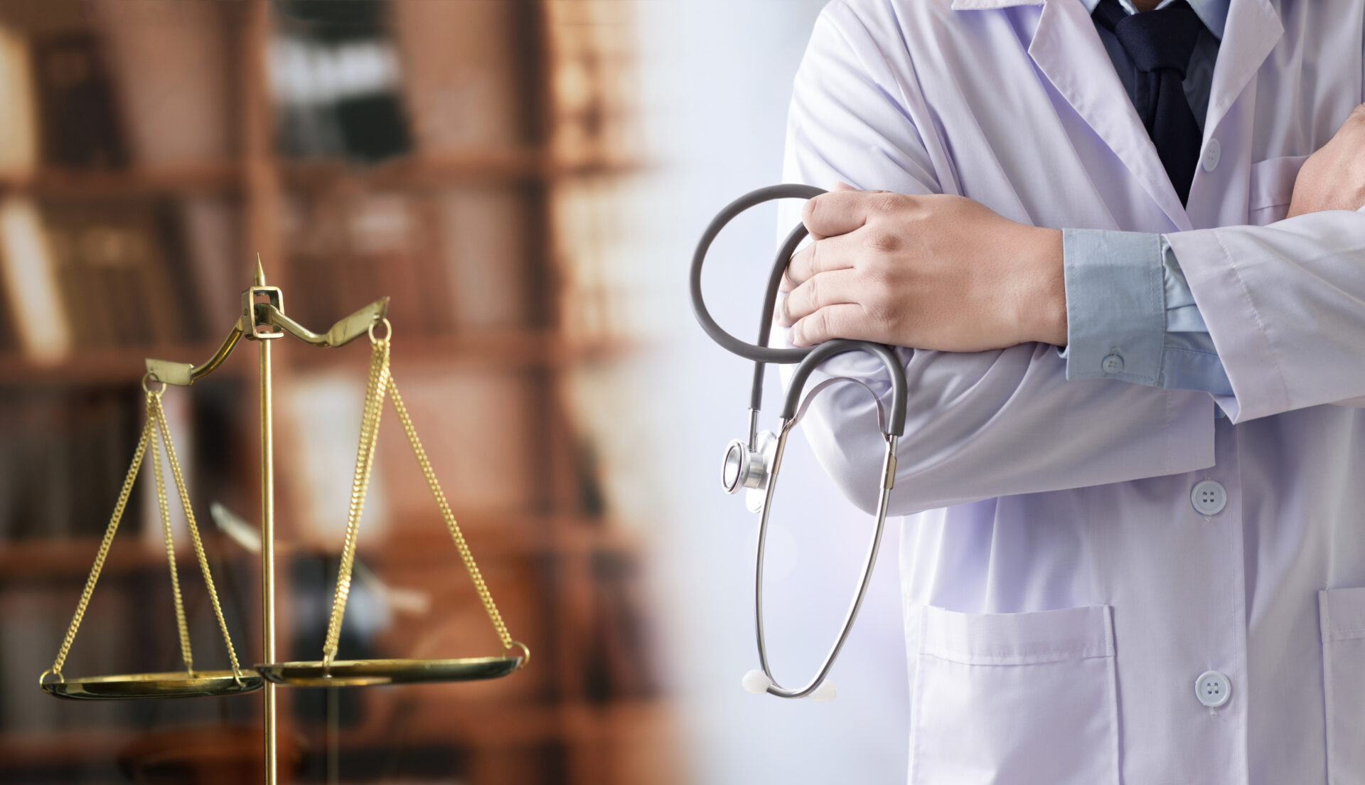 Doctor holding medical instrument, wearing uniform, and holding a medical scale