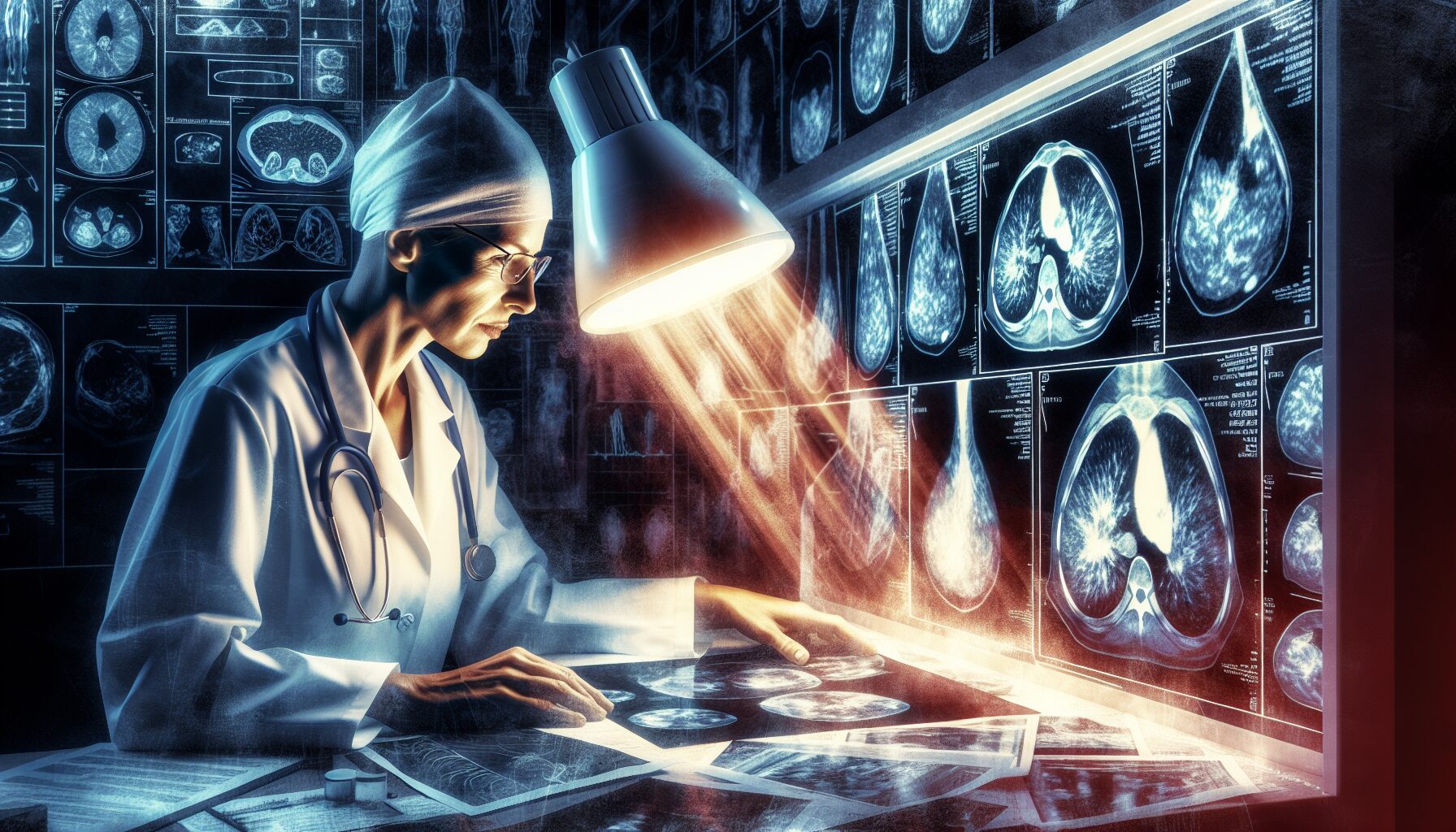 Artistic depiction of a medical professional reviewing test results for breast cancer