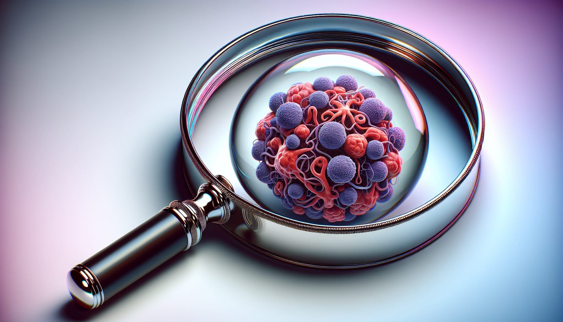 Illustration of a magnifying glass focusing on cancer cells, serious medical conditions