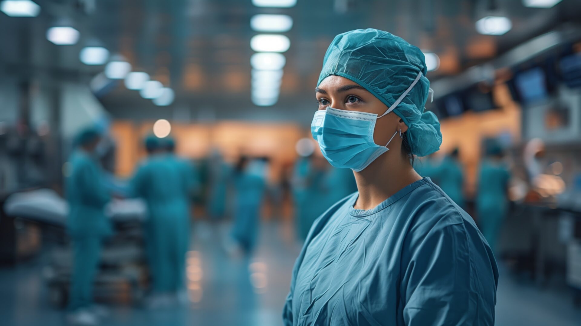 Nurse in surgical attire standing in a busy hospital setting. The Pagan Law Firm explains key factors to prove nursing negligence in medical malpractice cases.