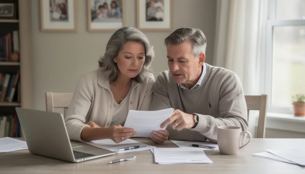 The image shows a concerned couple sitting together at a table, reviewing important documents related to their child's birth injury claim