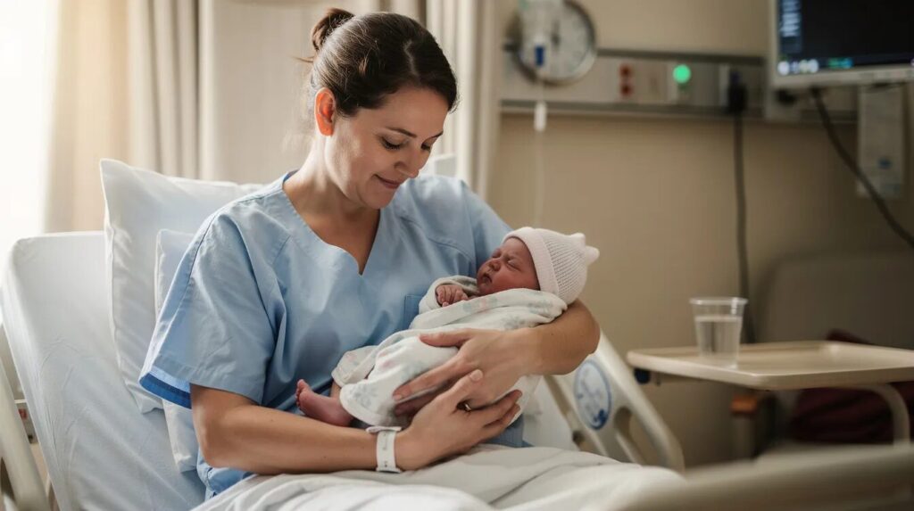 A parent gently cradles a sleeping newborn baby in a hospital setting, highlighting the tender moment of new life. This image evokes the importance of safe deliveries, as complications like shoulder dystocia can lead to serious birth injuries, including brachial plexus injuries, which may require legal action in cases of medical negligence.