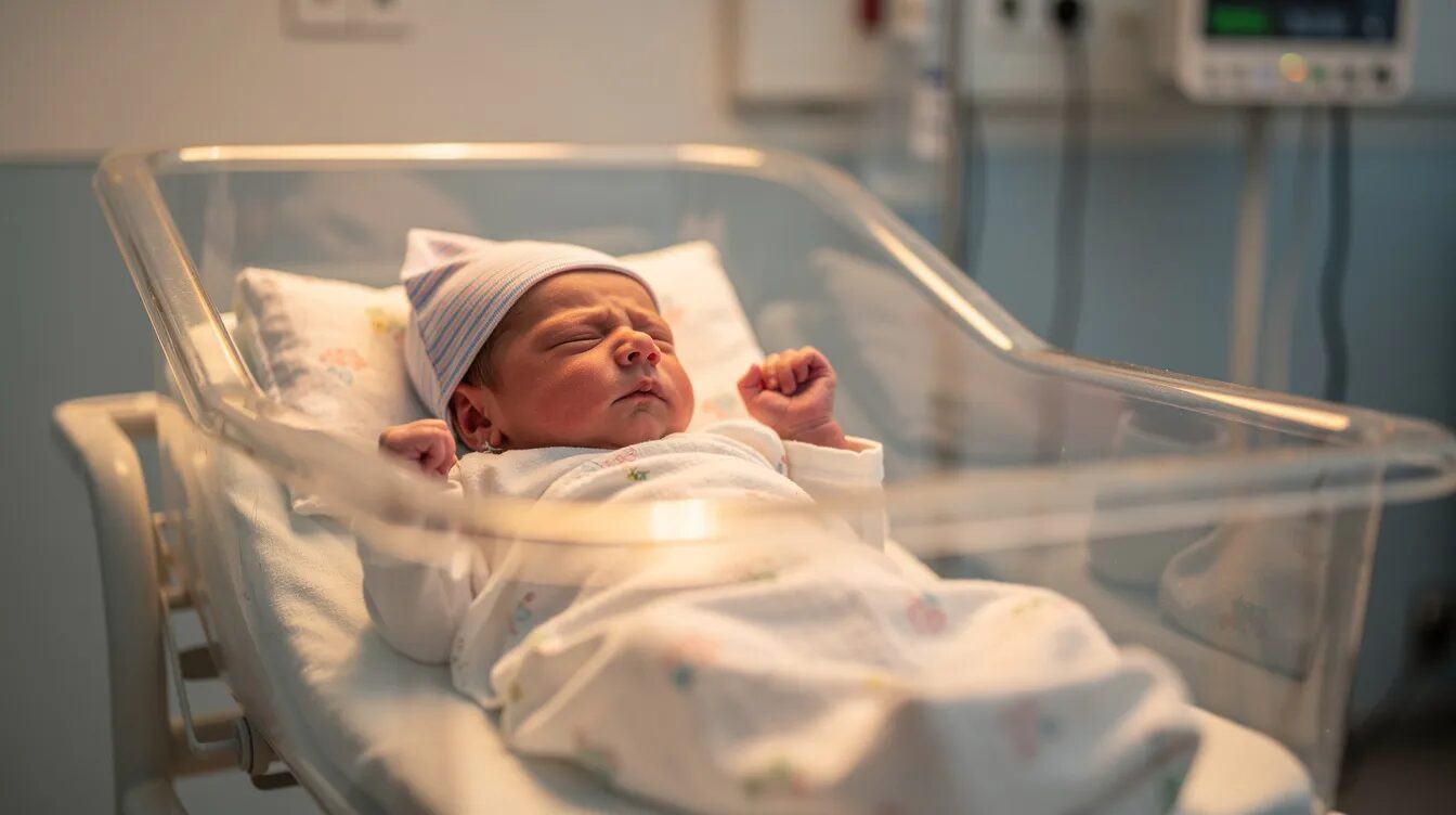 A newborn baby is peacefully resting in a hospital bassinet, illuminated by soft, warm lighting in a neonatal care unit, where healthcare providers monitor the infant's bilirubin levels to ensure proper treatment for potential newborn jaundice. This medical condition, if left untreated, can lead to serious complications, including brain damage and other long-term health issues.