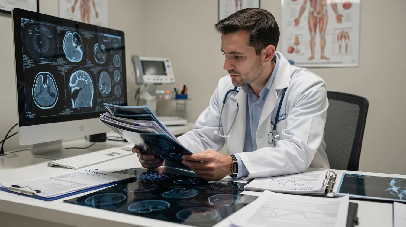 The image depicts a physician intently reviewing patient charts and diagnostic scans at a desk, highlighting the meticulous nature of the medical profession. This careful examination is crucial in avoiding medical malpractice, which can arise from misdiagnosis or failure to diagnose, potentially leading to severe consequences for patients.